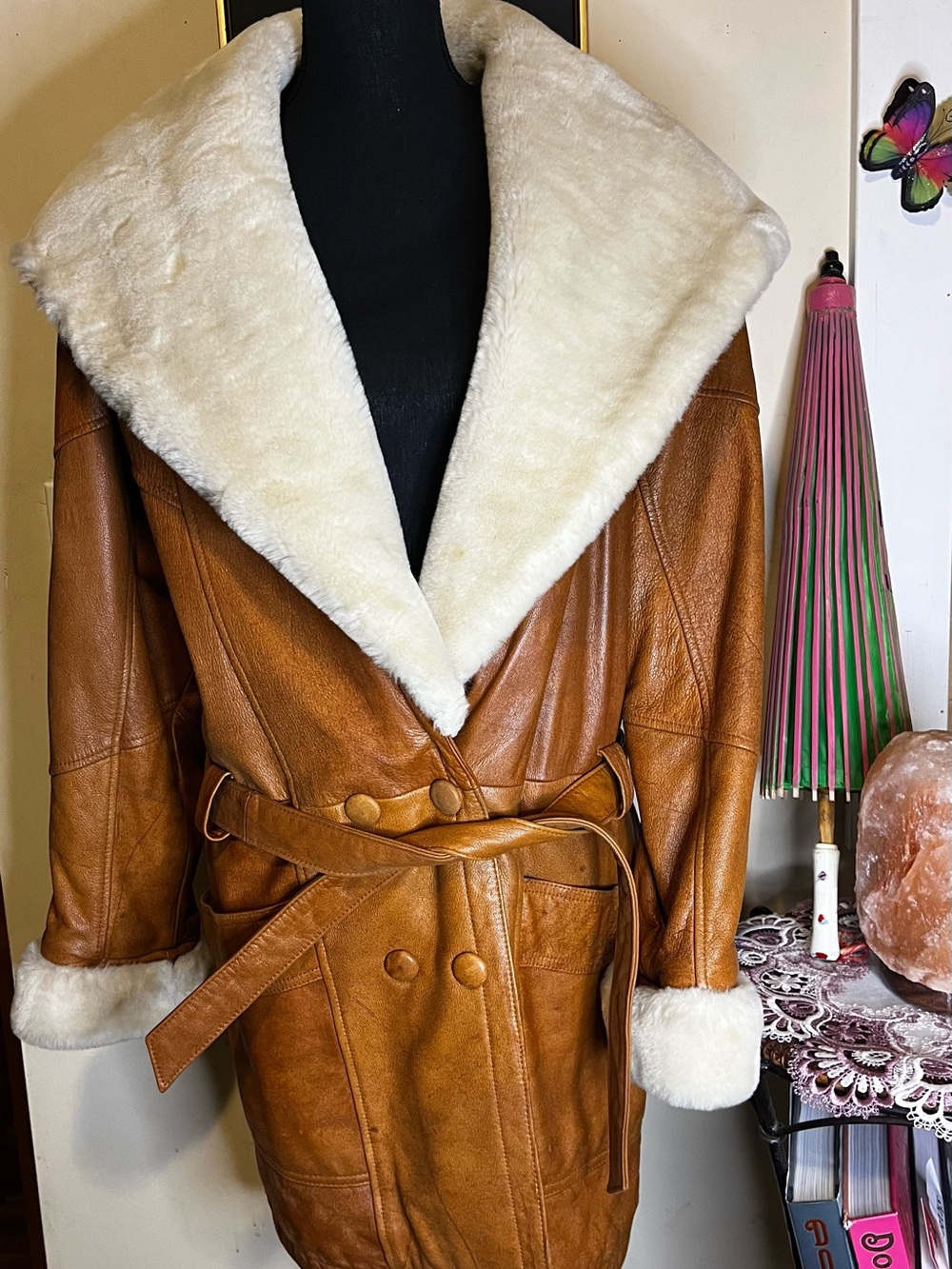 Wilsons Leather Tan Leather Shearling Coat with Cream Fur Trim